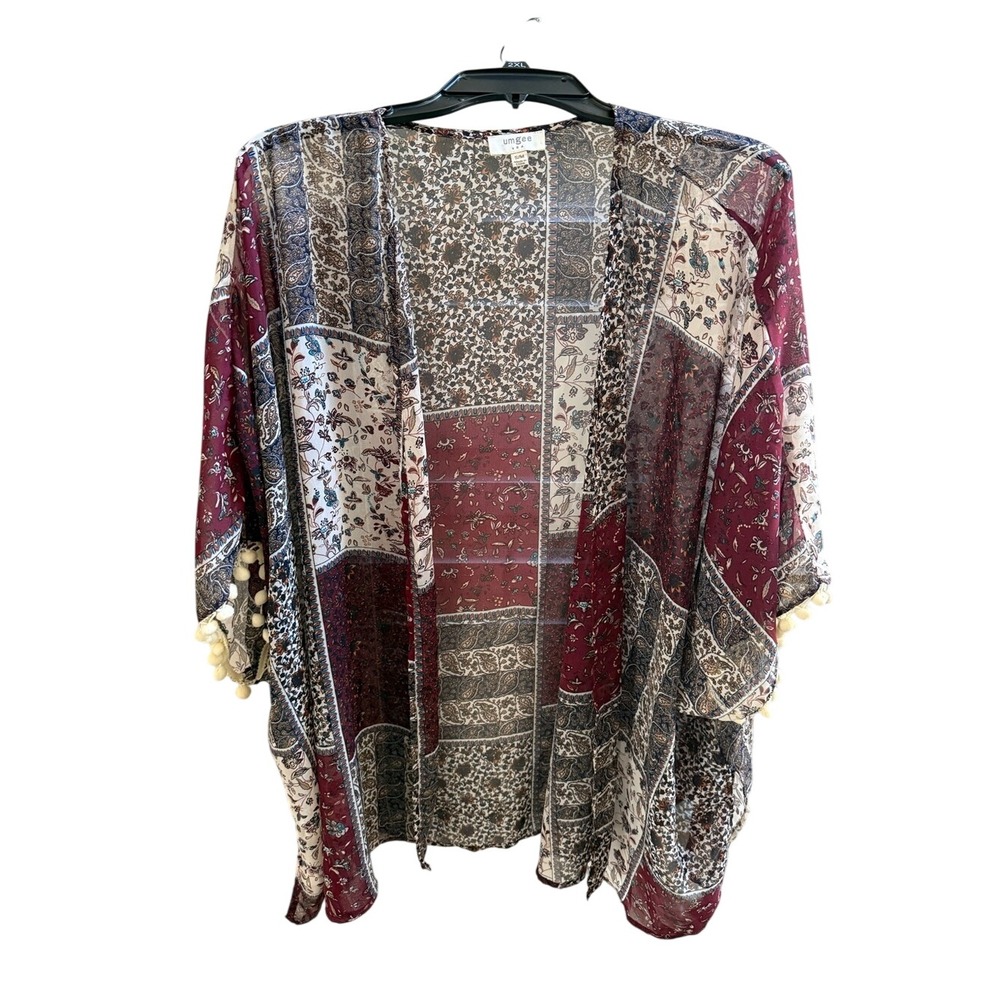 Umgee Burgundy Patchwork Boho Kimono Pom Pom Trim Wrap S/M‎